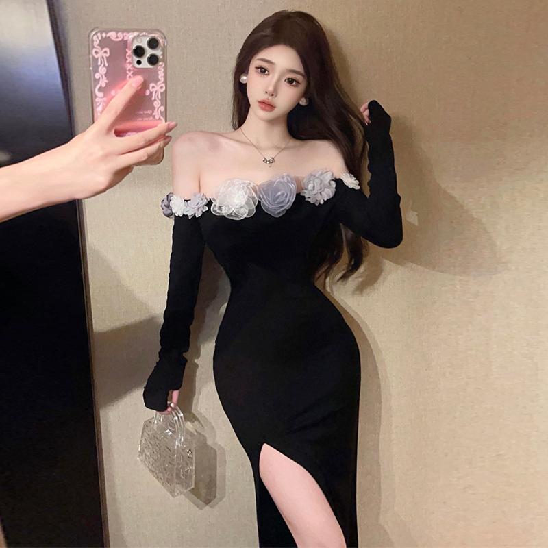 French Sexy Three-dimensional Flower Slim-fitting Split-ended Dress