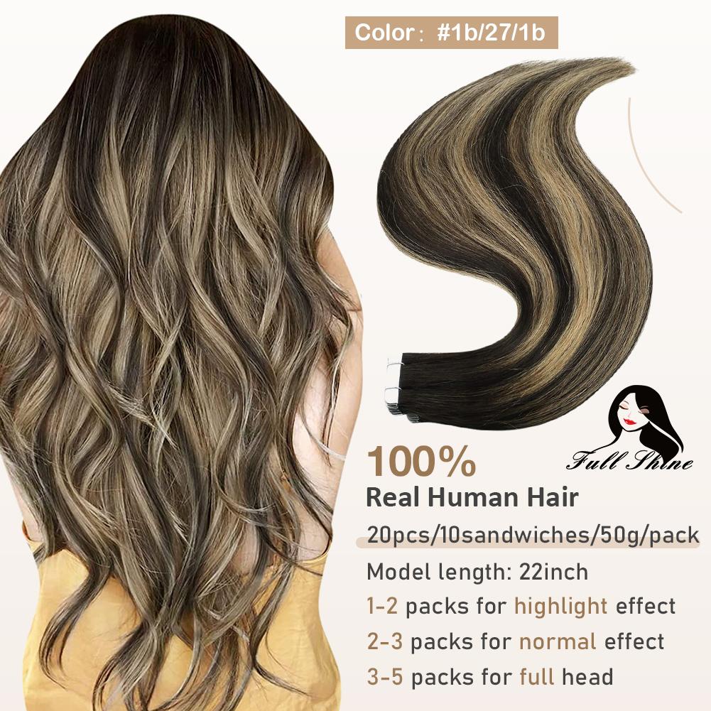 Full Shine Tape in Hair Extensions Remy Human Hair Balayage Highlights Natural Hair For Salon