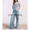 V Neck Sleeveless Waist Denim Vest 17071272 High Waist Loose Wide Legs Length Denim 17091272