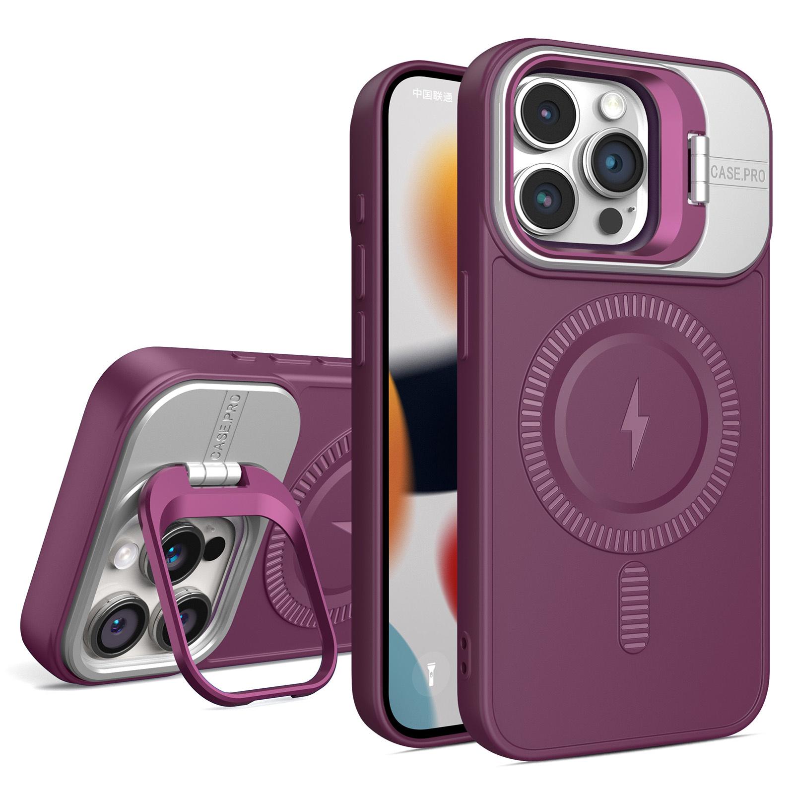 

For iPhone 15 Pro Max Magnetic Case Lens Frame Kickstand PC+TPU Phone Cover Wine Red