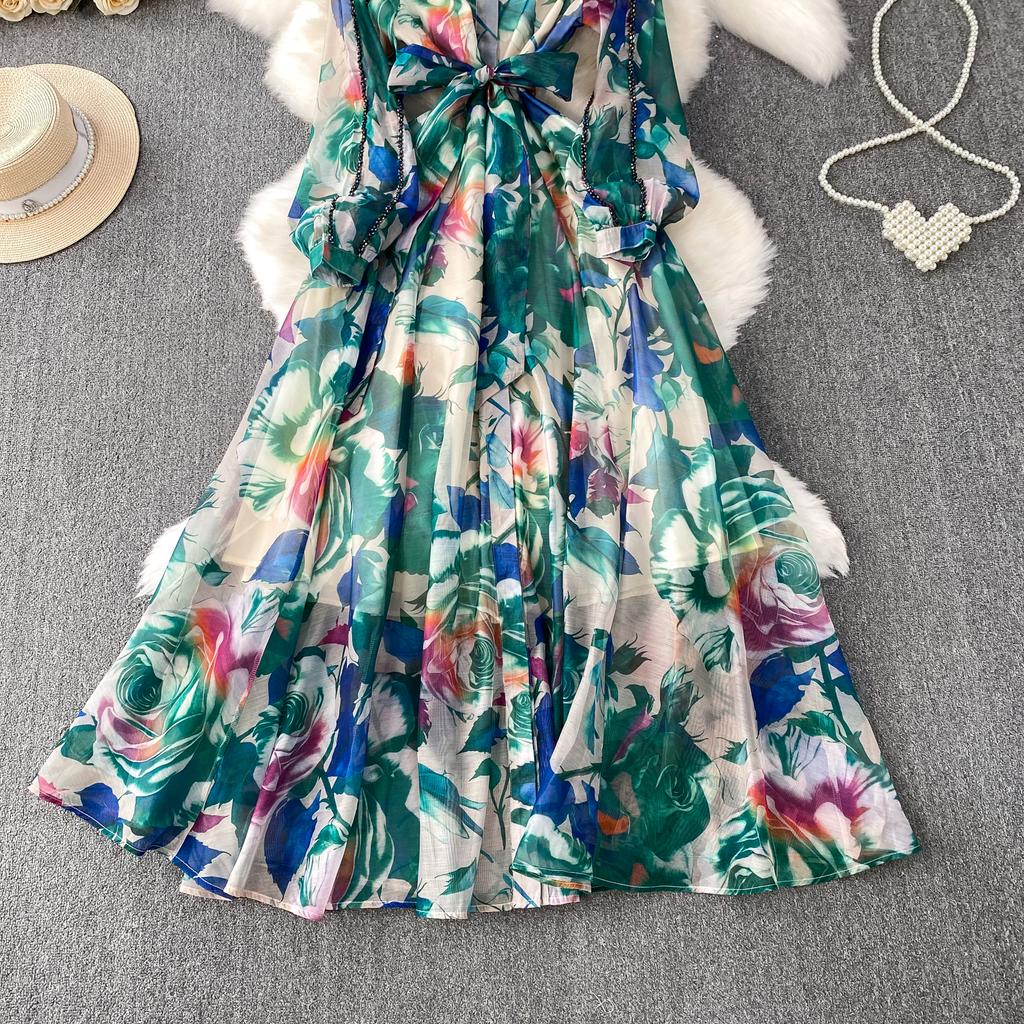 Diamond Embedded Gemstone Collared Long Dr Women's Slimming Beautiful Holiday Print Full Dresses  A-Line Woman Dress