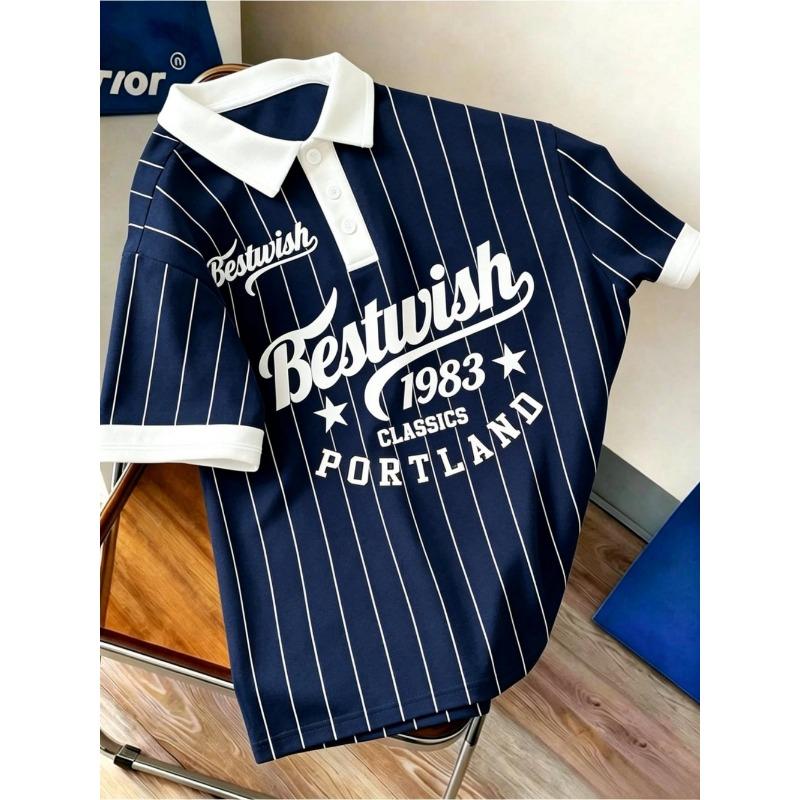 Amerikanisches Herren Sommer Retro 1983 Gestreiftes Buchstabenprint Bequemes Atmungsaktives Polo Kurzarm T-Shirt Outdoor Lässiges Oberteil