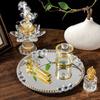 Flower Design Glass Incenses Burners Set Golden Finish Storage Jar With Mirrored Tray Middle Eastern Home Decorations