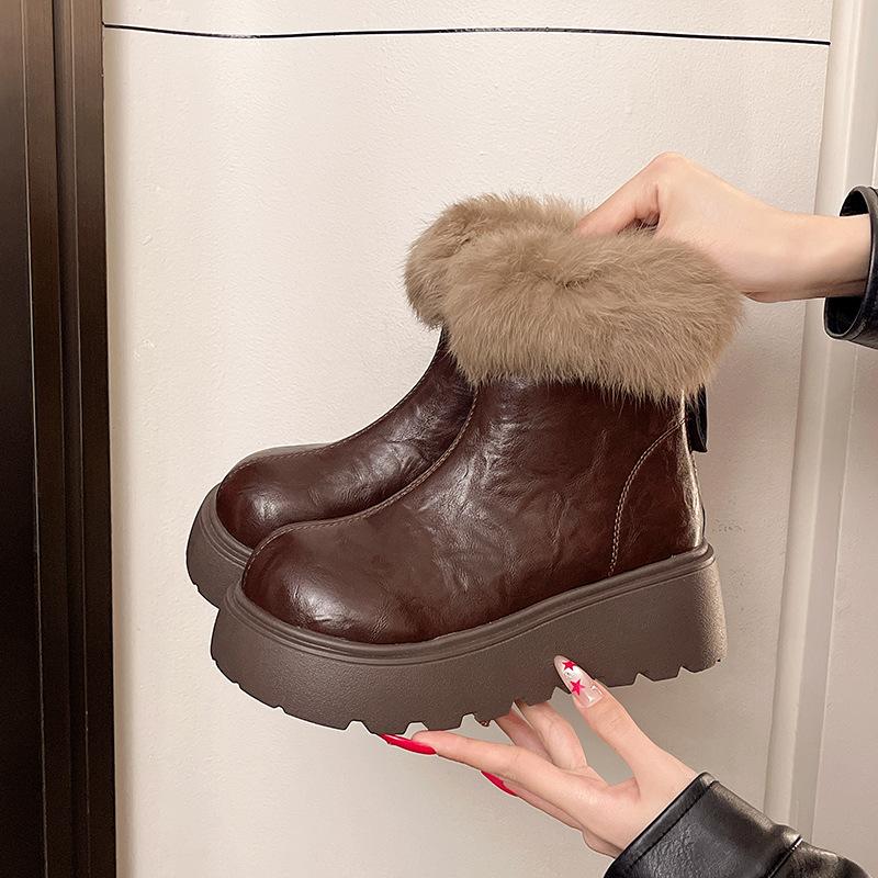 Women's Large Size Fur Mouth Thickened Winter Warm Fur One Snow Boots Padded Lining Ankle Boots Non-slip Hiking Sports Cotton Boots