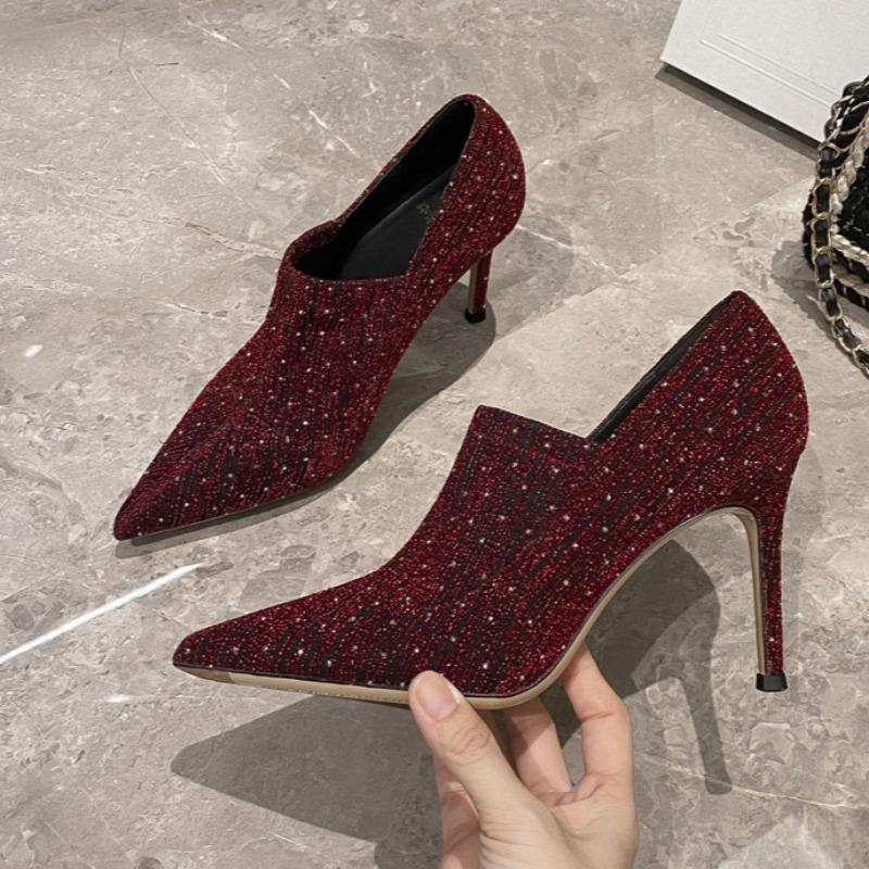 

Fashion Spring New Thin Heel Shoes Women Fashion Pointy Deep Mouth Sequin Cloth Suede Slip-on Wear-resistant High Heels 34 вино красного
