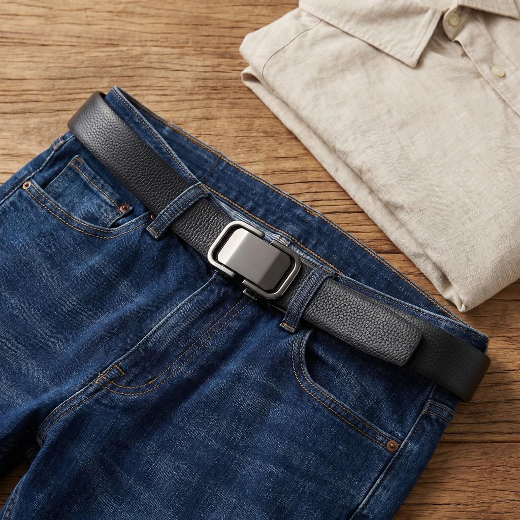 Versatile Men's Top Layer Cowhide Leather Belt with Automatic Buckle