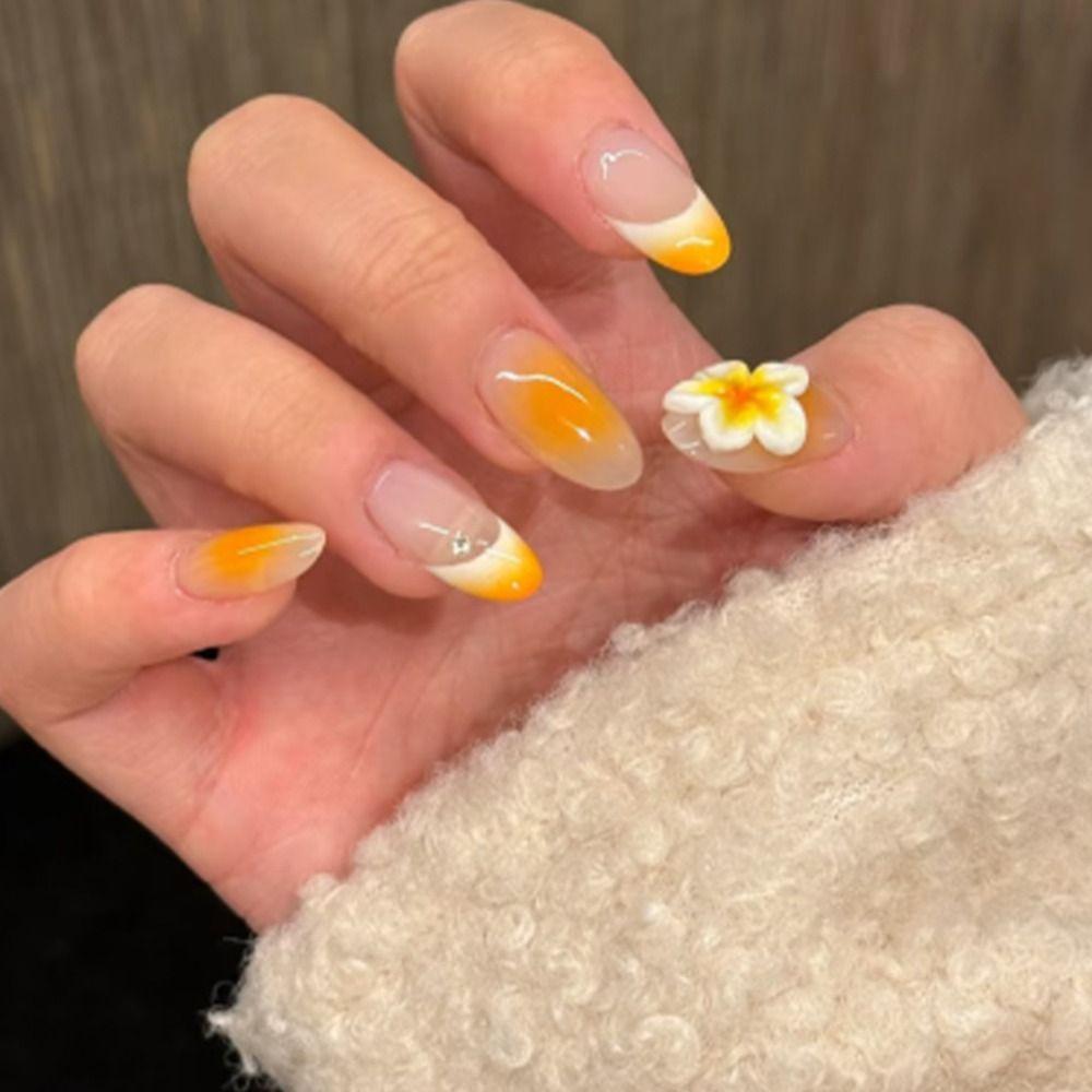 24pcs Manicure Long Almond False Nails Aurora Flower White Edge Press On Nails Detachable French Nail Tips DIY