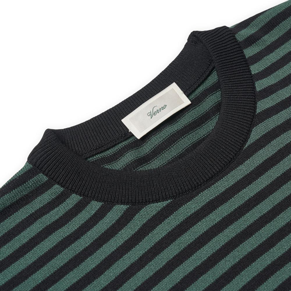 VERNO [Casual] Linen Like Short Sleeve Stripe Round Knit Black&Green