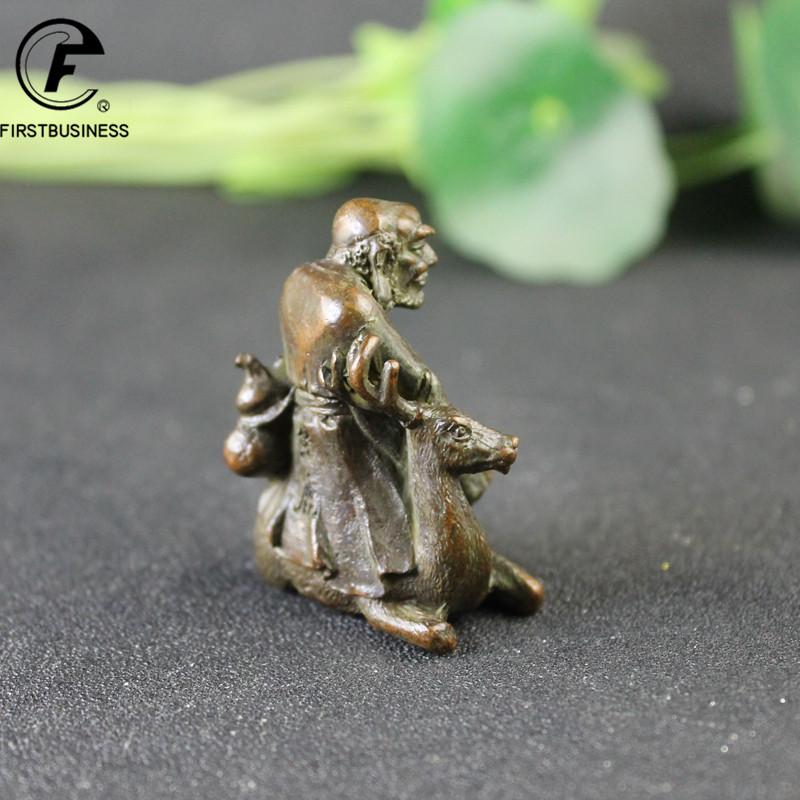 Antique Copper Arhat Sitting On A Deer Small Statue Desk Ornaments Retro Buddha Figurines Lucky Feng Shui Home Decor Accessories