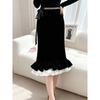 Cotton Blend Velvet Midi Skirt With Lace Trim For Elegant Ladies Spring Autumn Wear