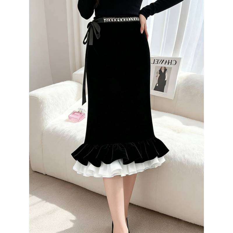 Cotton Blend Velvet Midi Skirt With Lace Trim For Elegant Ladies Spring Autumn Wear