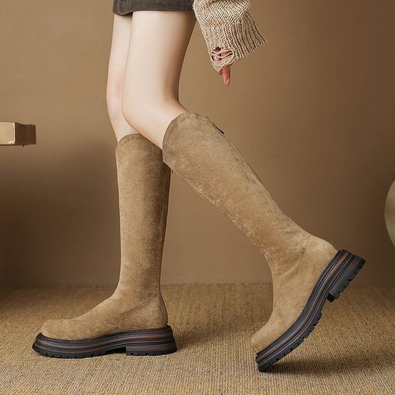 Krazing Pot Flock Autumn Winter Shoes Thick Med Heels Flat Platform Size 43 Modern Boots Stretch Knee Boots