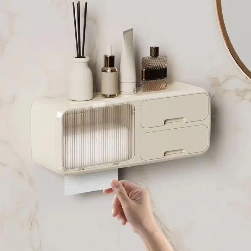 Wall Mounted Toilet Paper Holder No Drill Waterproof Dustproof Kitchen Bathroom Organizer Tissue Storage Box Paper Towel Holder