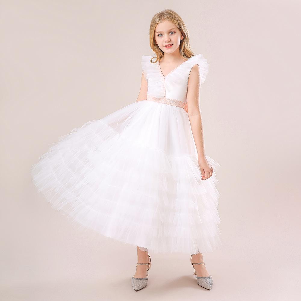 Children's Puffy Tulle V-Neck Princess Dress with Bow Skirt