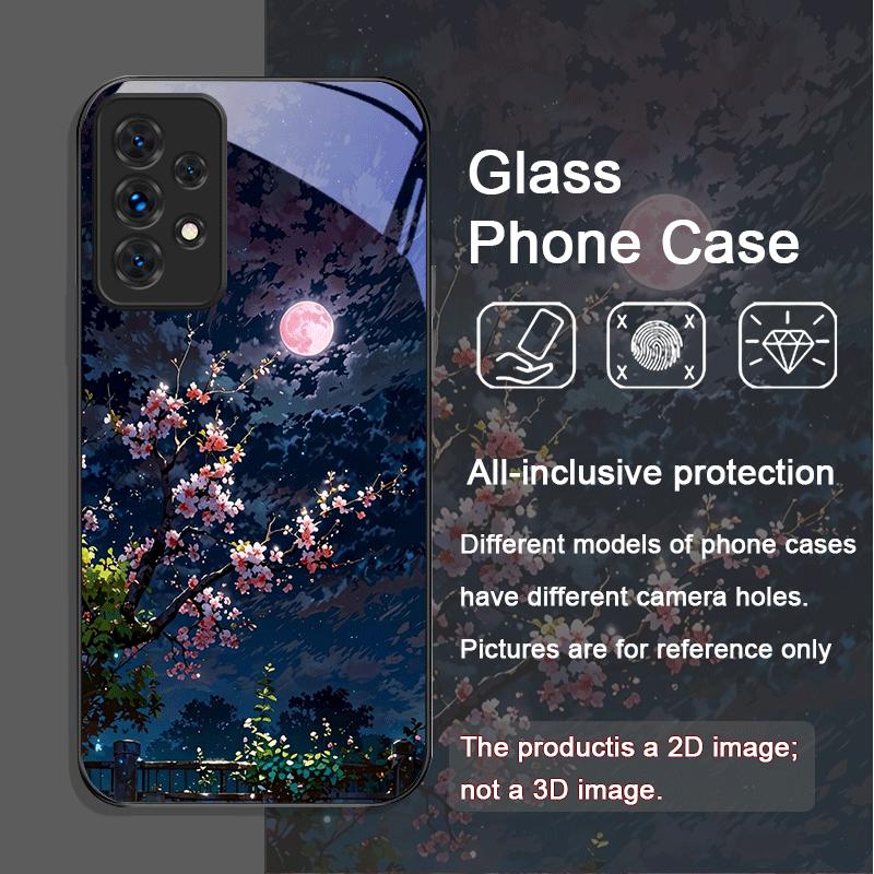 Moon Cherry Blossom Pattern Scenery Tempered Glass Phone Case for Samsung Galaxy A56 A72 A55 A54 A53 A52 A36 A15 A14 A13 Covers