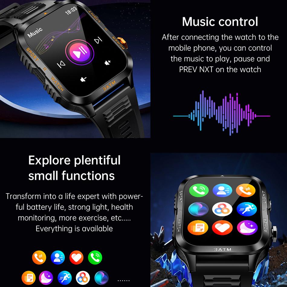 Novo Relógio Inteligente Militar para Homens ao Ar Livre Lanterna Bateria Grande de 880mAh IPX8-3ATM Chamada Bluetooth Smartwatches Para Android e iOS