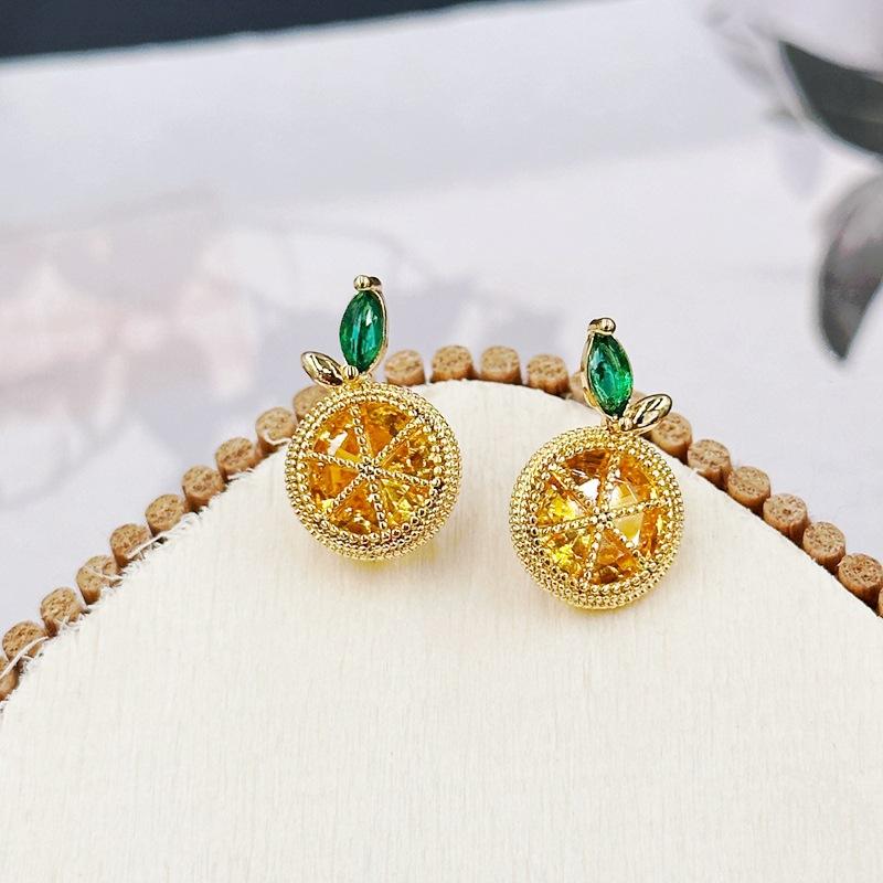 Simple Temperament Zircon Orange Fruit Earrings Fresh Lemon Orange Stud Earrings