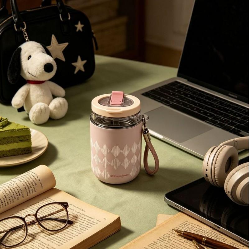 Stainless Steel Insulated Travel Mug Women 250ml Double Wall Vacuum Flask With Strap Straw Modern Minimalist Office Home
