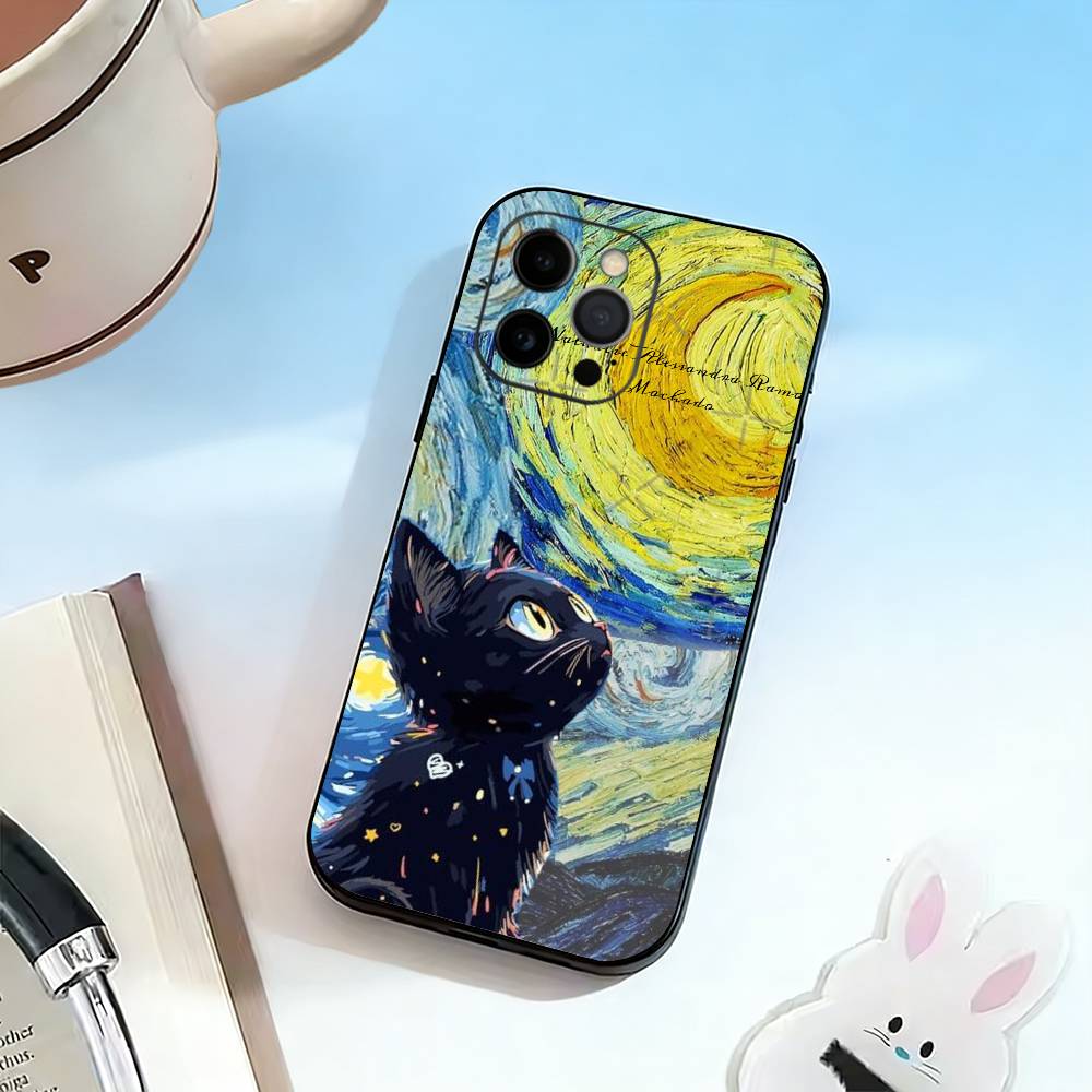 Van Gogh Chibi Cat  Phone Case Silicone Soft For IPhone 17 16 15 14 13 12 11 X XR Plus Pro Max Plus