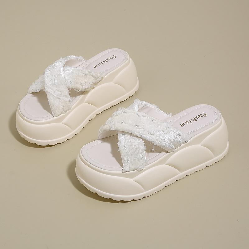 

Large size solid color summer new round head fashion women s cross one-word thick bottom sandals 39 бежевый