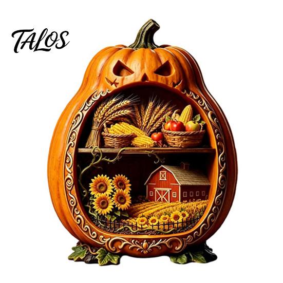 Jack-o'-lantern Table Decorations Halloween Centerpiece Pumpkin, Wooden Pumpkin Ornament with Miniature Scenes, Rustic Ornaments Skeleton for