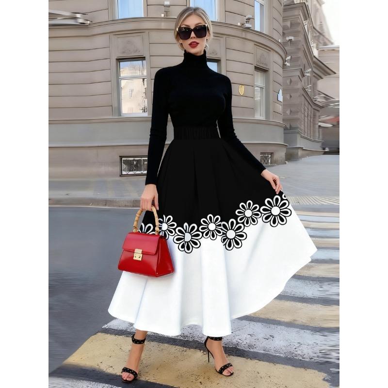 Printed Design Four Seasons Leisure Style Black and White Half Skirt with Black Flower Half Skirt