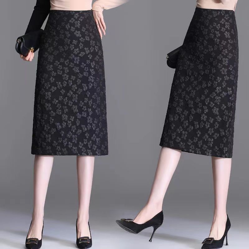 Žakárová boková sukně Dámská Jaro Podzim Střední délka 2025 Nová Sukně s vysokým pasem a rozparkem pro Jednokrokovou sukni