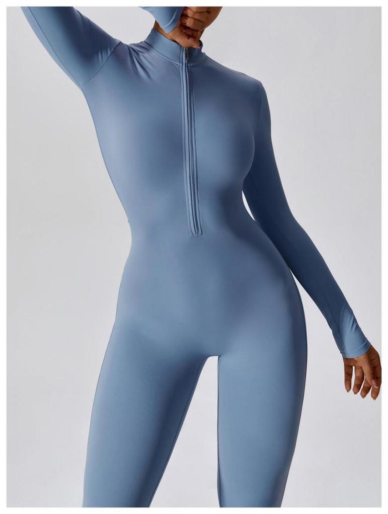 Black Autumn Bodycon Bodysuit with Long Sleeves & Zipper - Butt-Lifting Fitness Pants for Women, Ideal for Running, Sports, and Yoga.