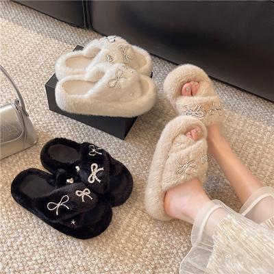 2025 Winter New Fashion Outer Wear Fluffy Slippers Women's Bow Flat Bottom One Word Velvet Home Cotton Slippers