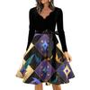 Women's Casual Fashion V Neck Long Sleeve Printed Vintage Long Dress