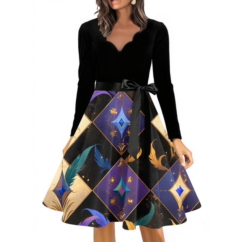 Women's Casual Fashion V Neck Long Sleeve Printed Vintage Long Dress