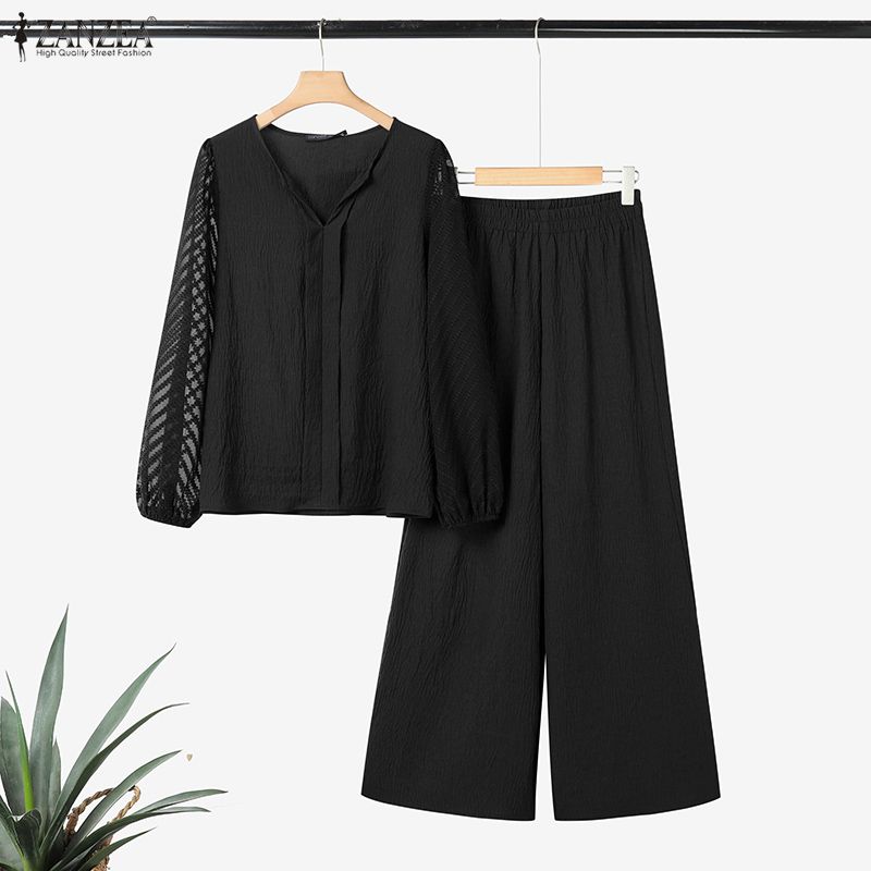 ZANZEA Women Long Sleeve Blouse and Pants Casual Two Piece Suit Sets