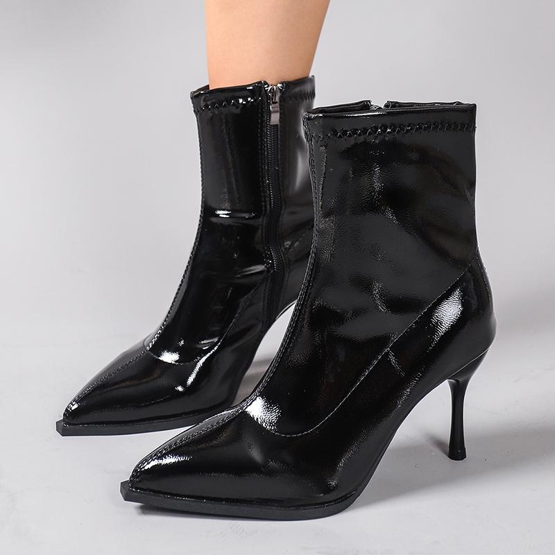 Fashion Elegant Women's Pointed Toe Stiletto Heel Ankle Boots Black Patent Leather Short Boots Woman Side Zipper High Heels Dress Shoes