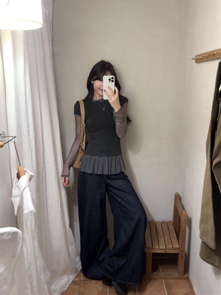 Available Now: Sweet Mesh Patchwork Two-Piece Layered T-shirt - 2025 Korean Style, High Neck, Long Sleeve, Base Layer.