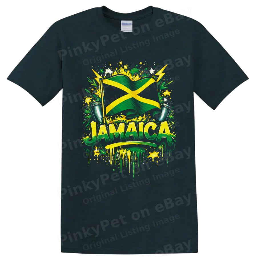 Jamaika Flagge T-Shirt mit tropischen Trommeln Reggae Inselstolz Lebendiges Grafik-Kunst-T-Shirt