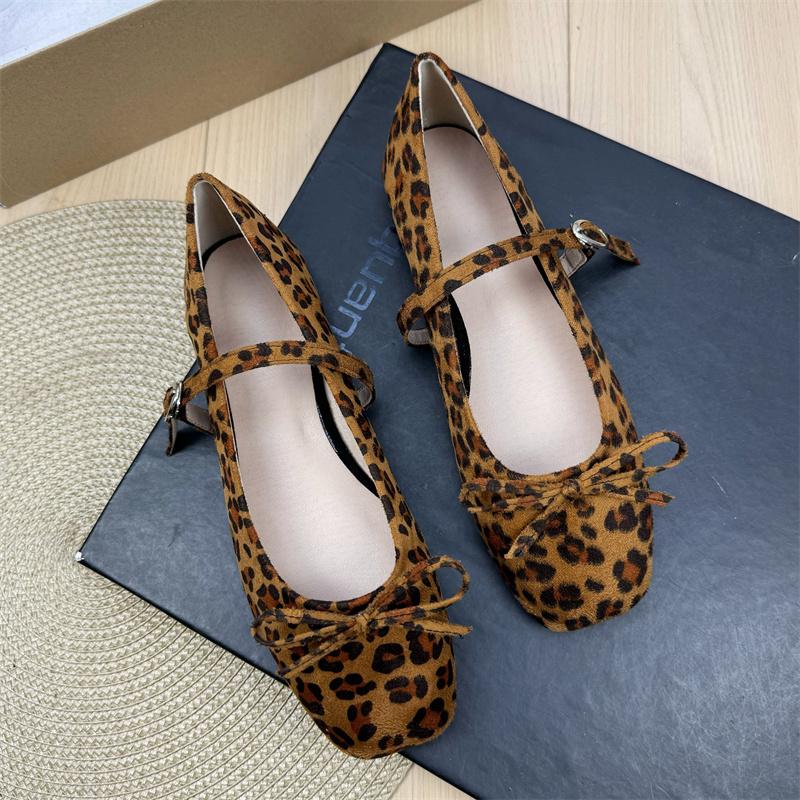 Fashion Flat Shoes for Women Suede Square Toe 2025 Spring and Autumn New Bow Flat Bottom Mary Jane Shoes Plus Size Women's Shoes 43 44