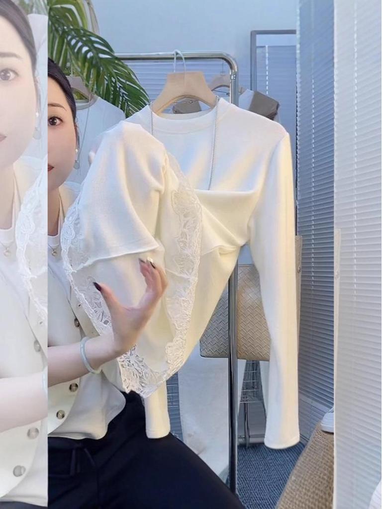 Elegant French Style Patchwork Lace Trim Thermal Top - Round Neck, Long Sleeve (2025 Autumn/Winter Collection)
