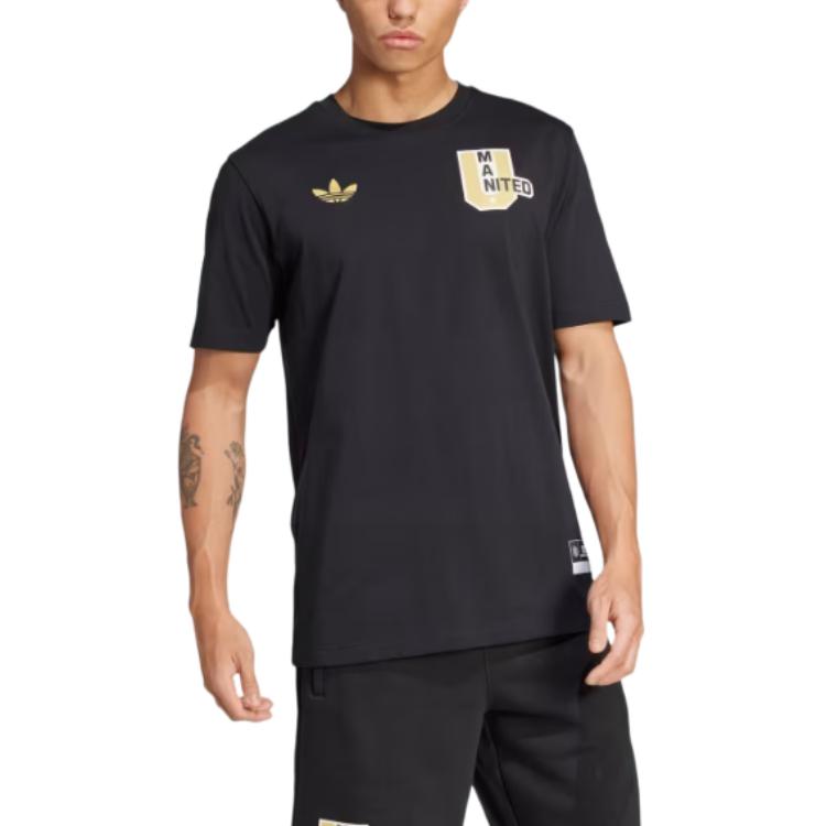 Adidas Originals Manchester VRCT Tričko FW24 United Cotton Fashion Pohodlné Sportovní Crew Neck Krátký Rukáv Pánské Topy Černé JL6115