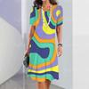 Summer Women's Dress Short-sleeved A-line Color Skirt Irregular 3d Printing 3 Fashion Loose Round Neck Dress