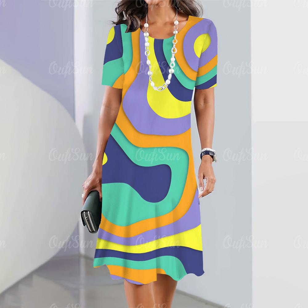 Summer Women's Dress Short-sleeved A-line Color Skirt Irregular 3d Printing 3 Fashion Loose Round Neck Dress