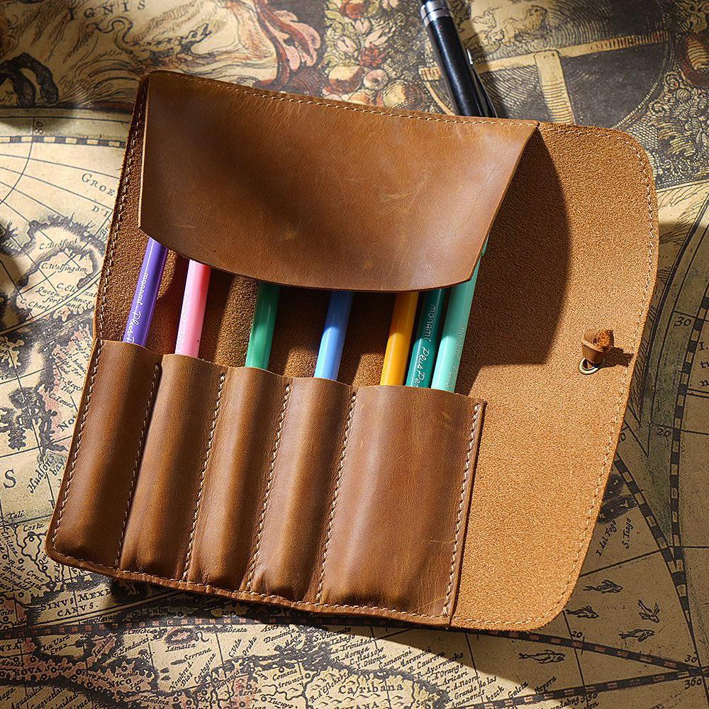 Vintage Genuine First Layer Cowhide Buckle Closure Minimalist Literary Pencil Bag Multifunctional Roll Leather Pen Pouch for