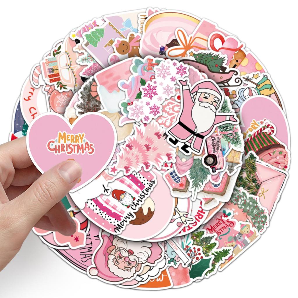 50 Pink Christmas Doodle Stickers for Decorating Suitcases, Water Bottles, and Phones