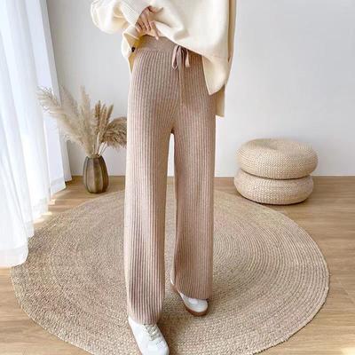 Outono e inverno drapeado cintura alta de malha calças de perna larga mulheres soltas calças de perna reta com tiras calças de camisola casual feminino