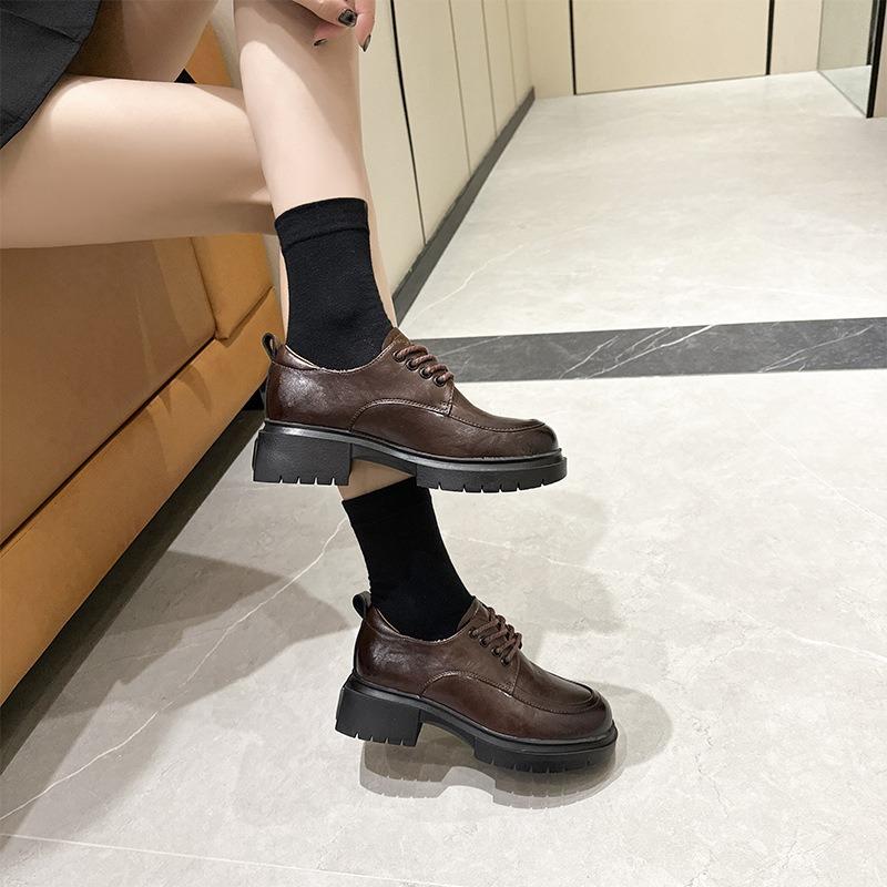 Autumn British Leather Women's Platform Lace-up Small Size Casual Shoes Women's Retro Beanie Shoes Women