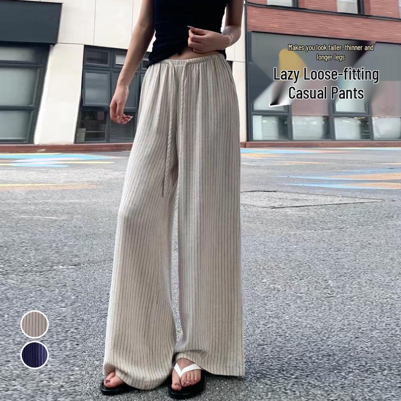 Maternity Summer Linen Striped Wide-Leg Pants – Loose, Floor-Length, Casual Wear XL