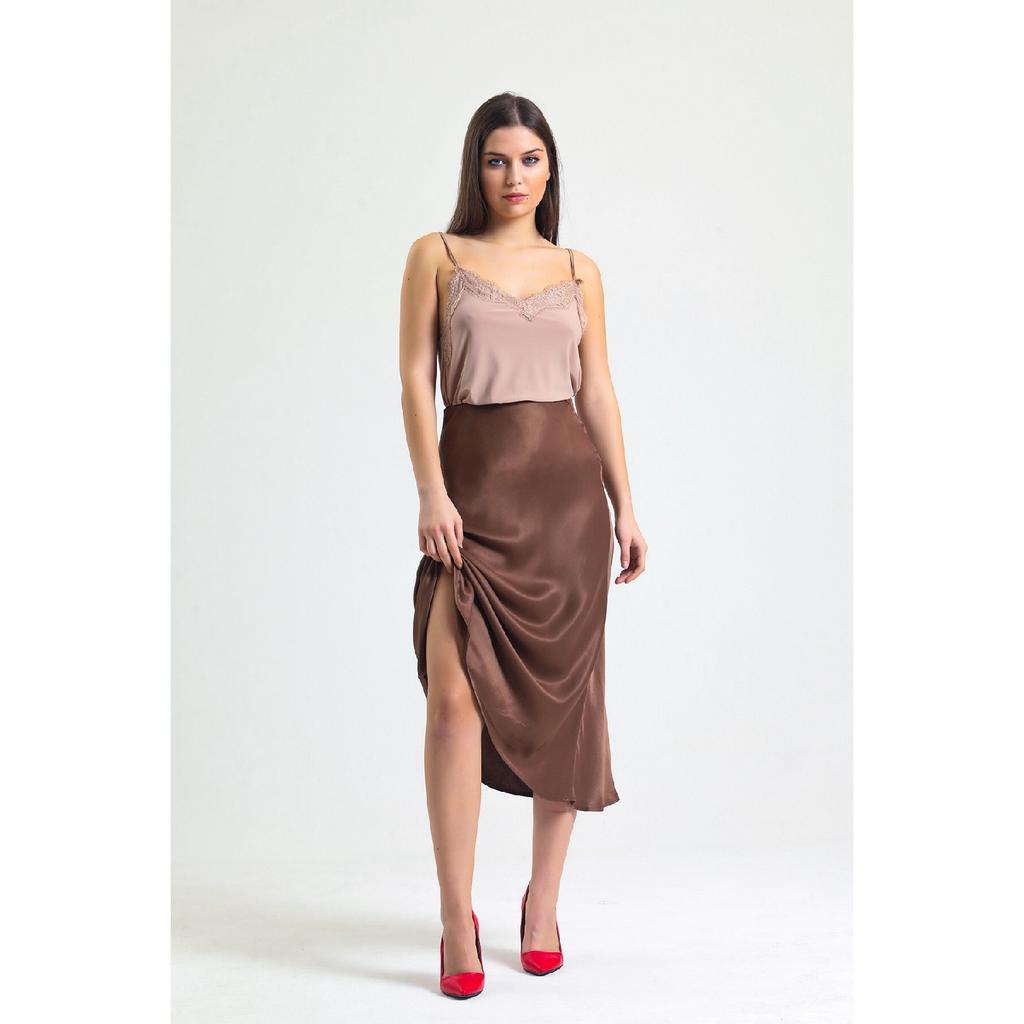 Leopard Pattern Satin Midi Length Brown Skirt