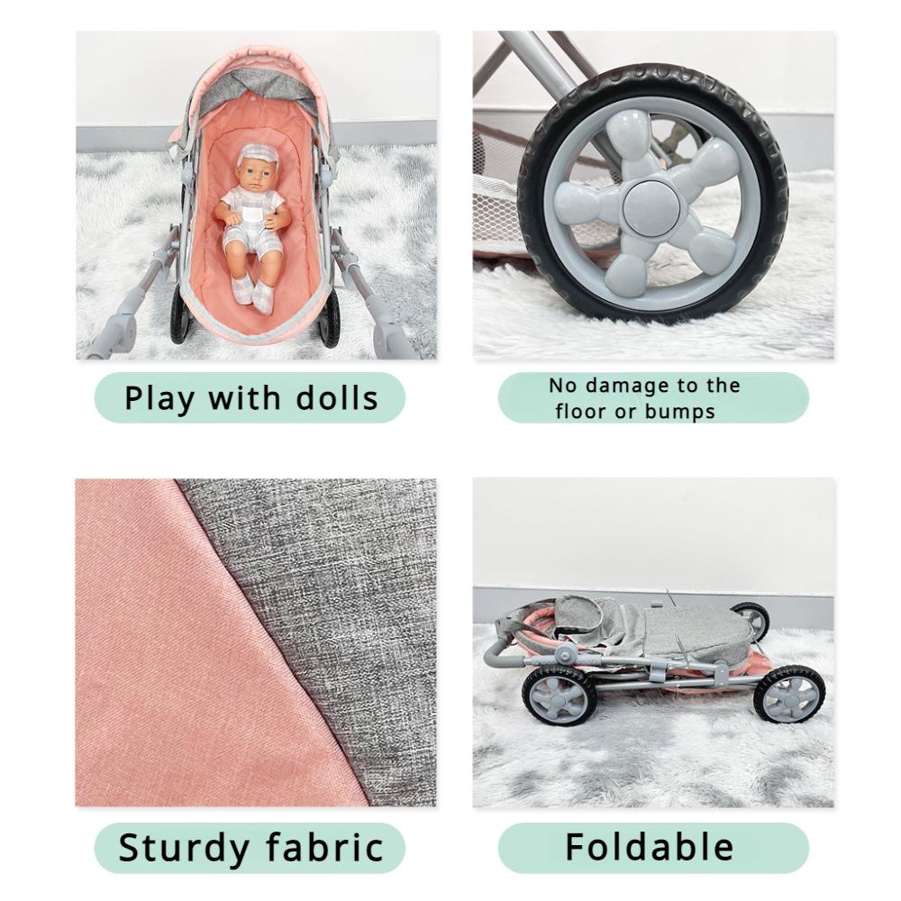 Foldable Baby Doll Stroller Large Toy Pram with Shoulder Bag Retractable Canopy Adjustable Soft Handle Kids Girls Pretend Play