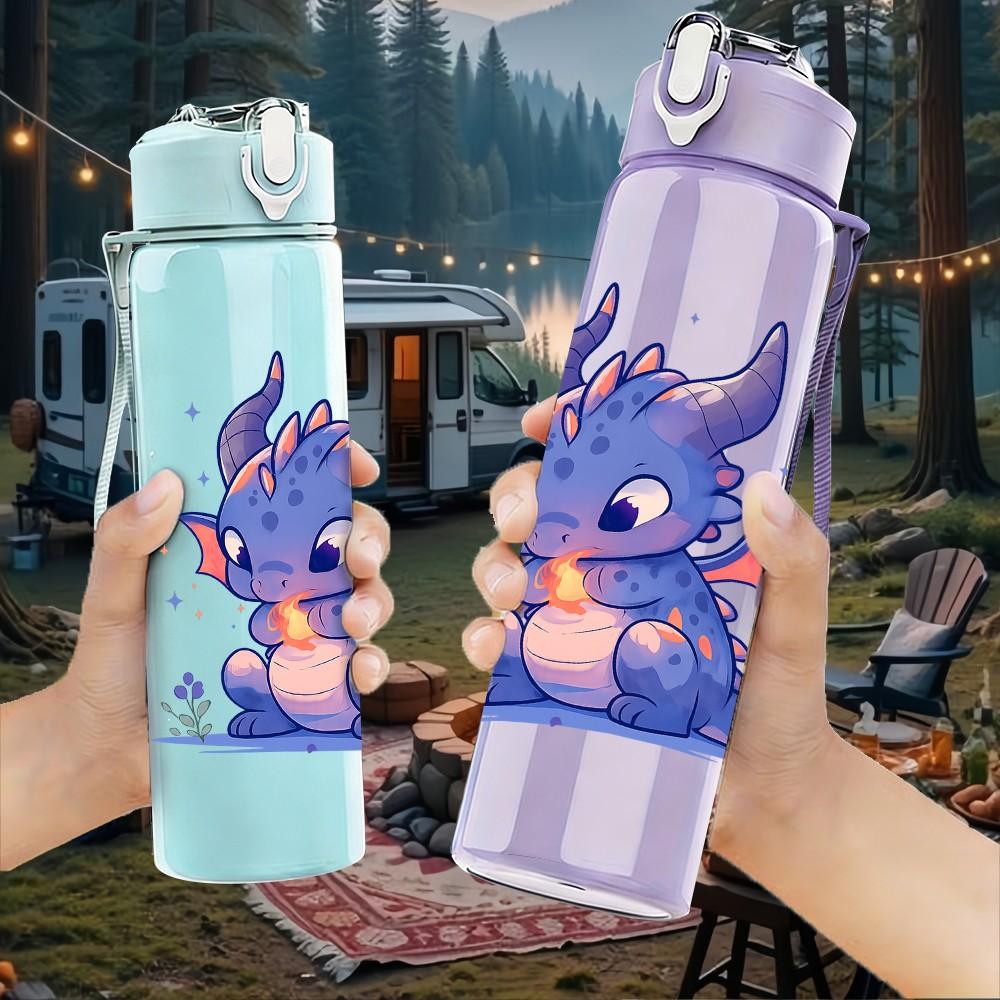 1PC Cute Blue Baby Dragon 750ml Color Plastic Sports Water Bottle Leakproof Flip Straw Lid Suitable for Sports Office Home Use