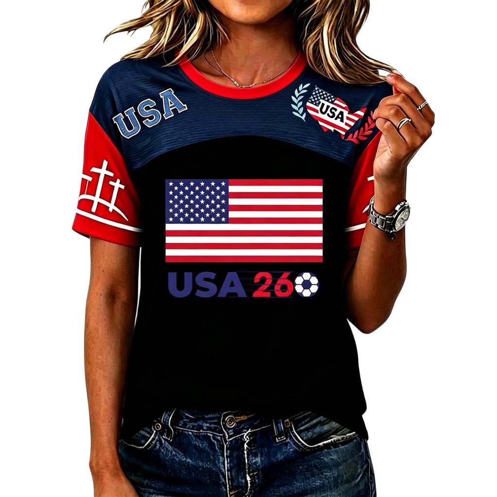 Women's Casual Short Sleeve Pullover T-Shirt Soccer Graphic Print Crew Neck Top Lightweight Comfortable Fit