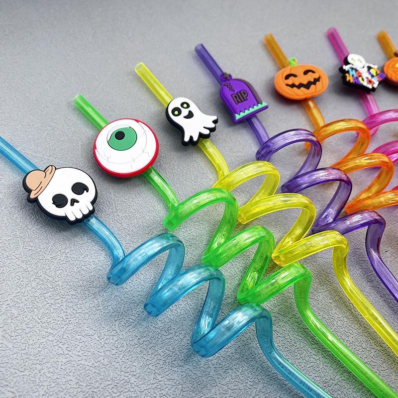 8pcs Halloween Straw Reusable Pumpkin Spiral Plastic Straw Kids Baby Birthday Party Decorations Supplies Drinking Straws